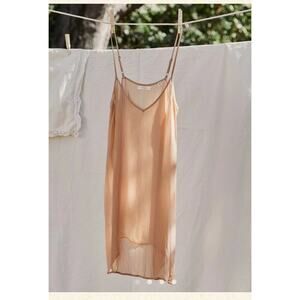 Doen | Short Deep V-Neck Sheer Slip Mini Dress Chemise Sand Dollar Size Small